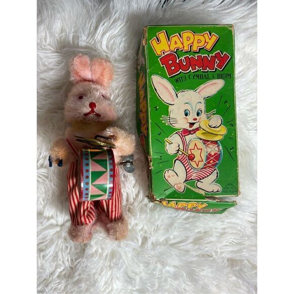 Vintage Japan Happy Bunny w/Cymbal & Drum Box Missing drumstick - Picture 1 of 5